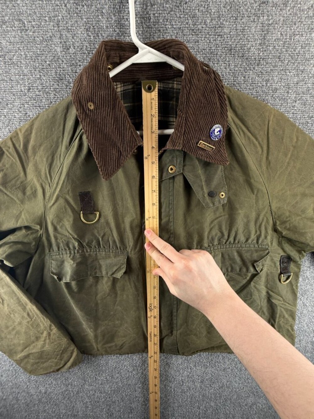 VTG Barbour Spey A130 Waxed Jacket Green Men Fishing Wasting Angler Pin Short - Picture 5 of 16